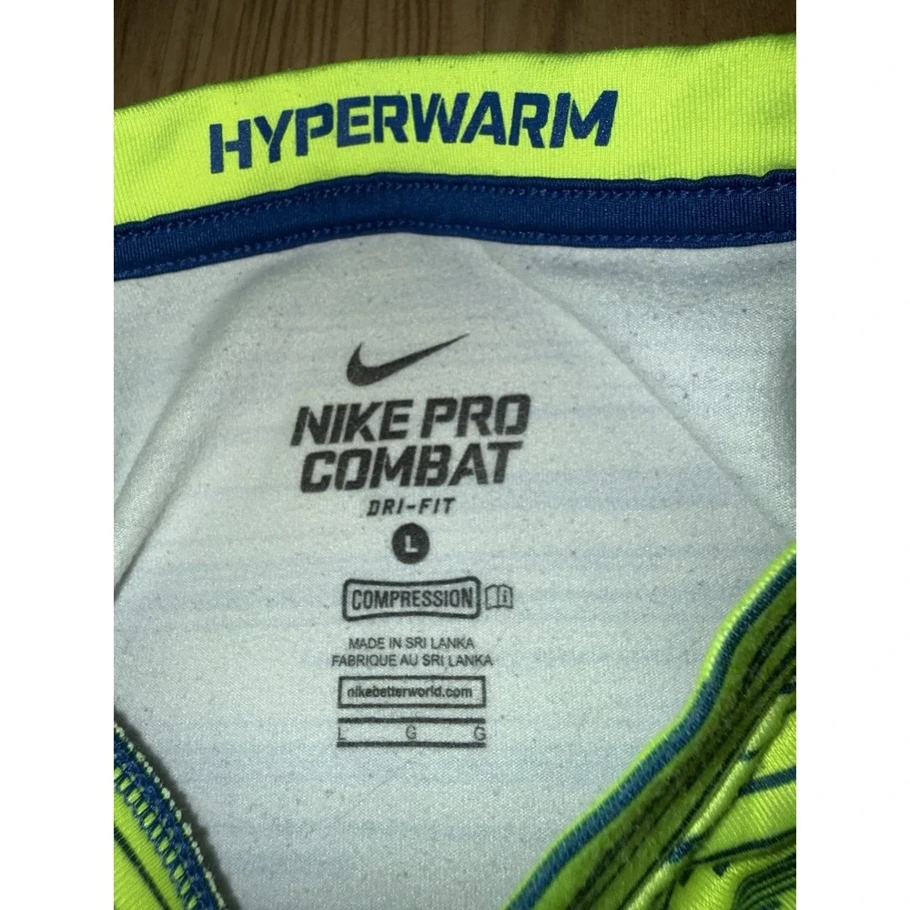 Nike Pro Combat Boys L Large Fitted Shirt Warm Long Sleeve Stretch Green Blue‎
